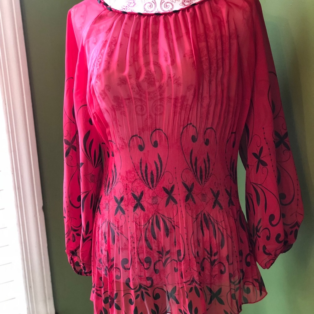 GORGEOUS RED SHEER, PLEATED PLUS SZ BLOUSE!
